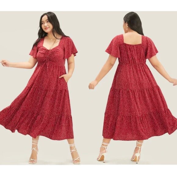 Red Polka Dot Ruched Sweetheart Bodice Ruffle Tiered Midi Dress 12/L  NWT - Picture 2 of 9